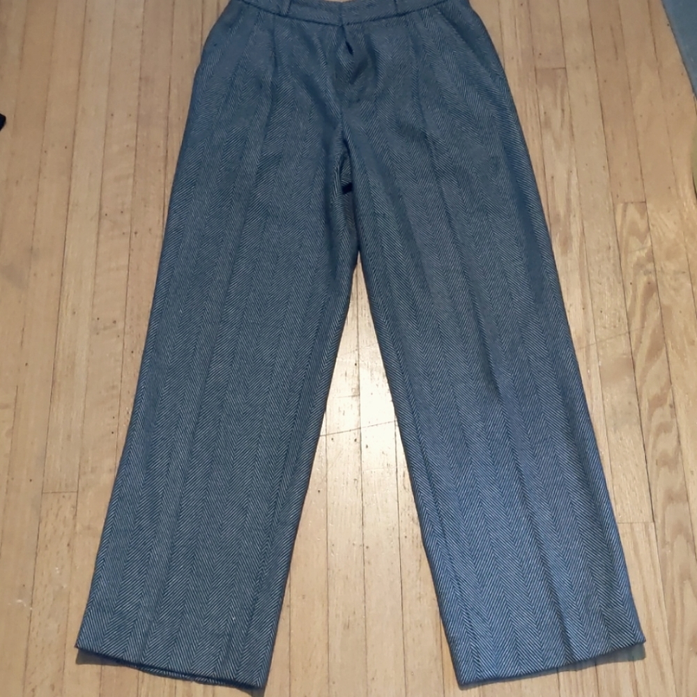 Grey Wool Pleated Straight Leg Pants